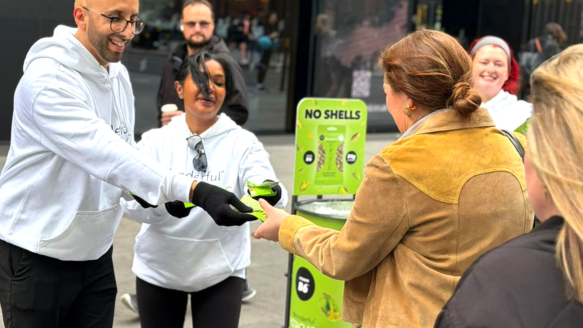 Hand to hand sampling on the streets of London for Wonderful Pistachios